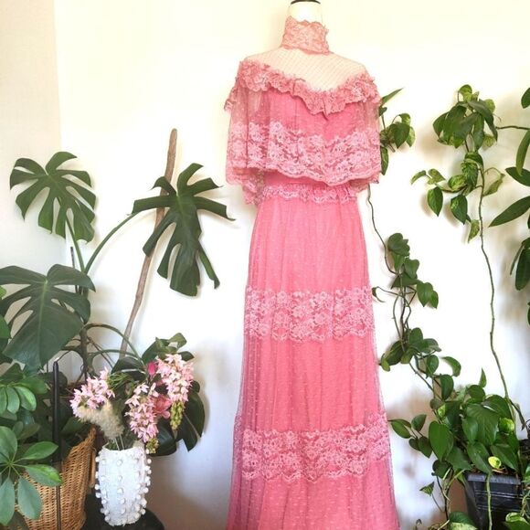 Blush Pink Lace Victorian Bridgeton Cottagcore Vtg Dress Lace Collared Dress - Picture 1 of 13